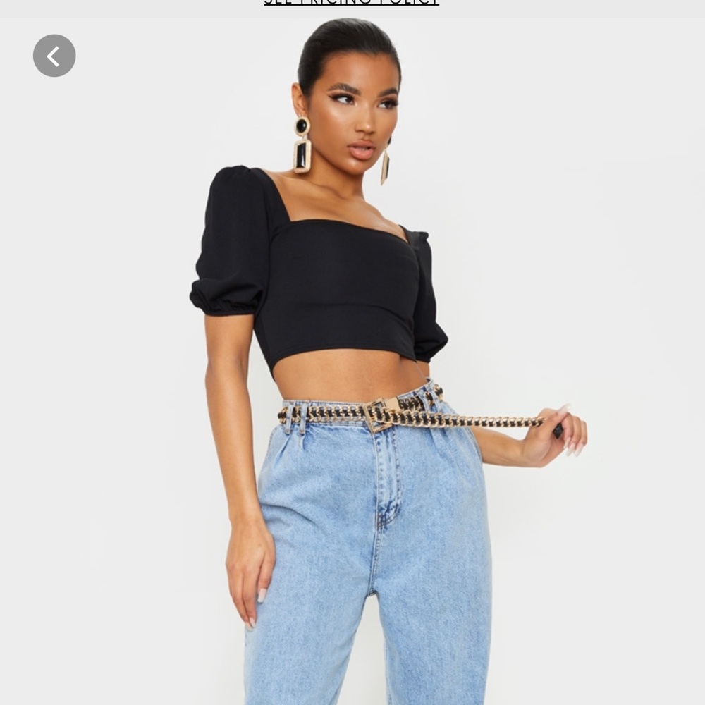 Black scuba short puff sleeve crop top